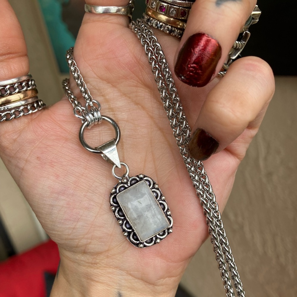 925 sterling silver overlay White quartz gemstone charm boho stone necklace . - Picture 12 of 16